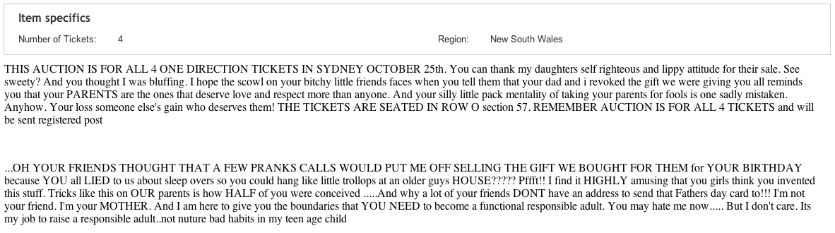 ebay one direction tickets for sale mother retribution