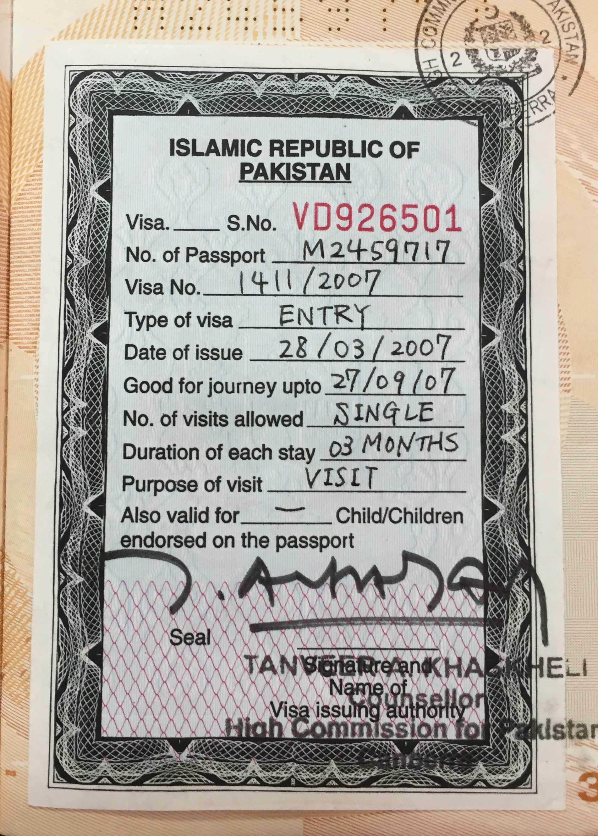 Visa Pakistani Islamic Republic of Pakistan