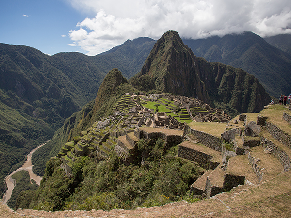 View of Machu Picchu with Urubamba River below.